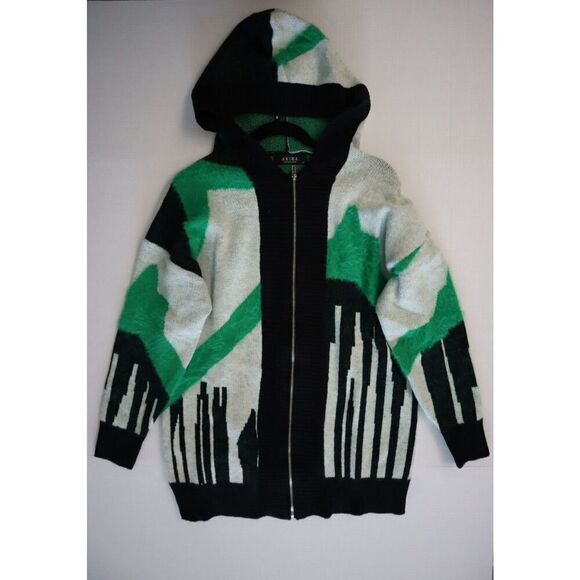 Akira T23014 Size S/M Black/Multi Full Zip Cardigan Style Hooded Sweater - Picture 2 of 9